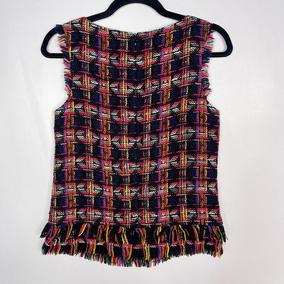 Trina Turk XS Black Pink Tweed Fringe Plaid Sleeveless Top Blouse Yellow Blue - Picture 2 of 8